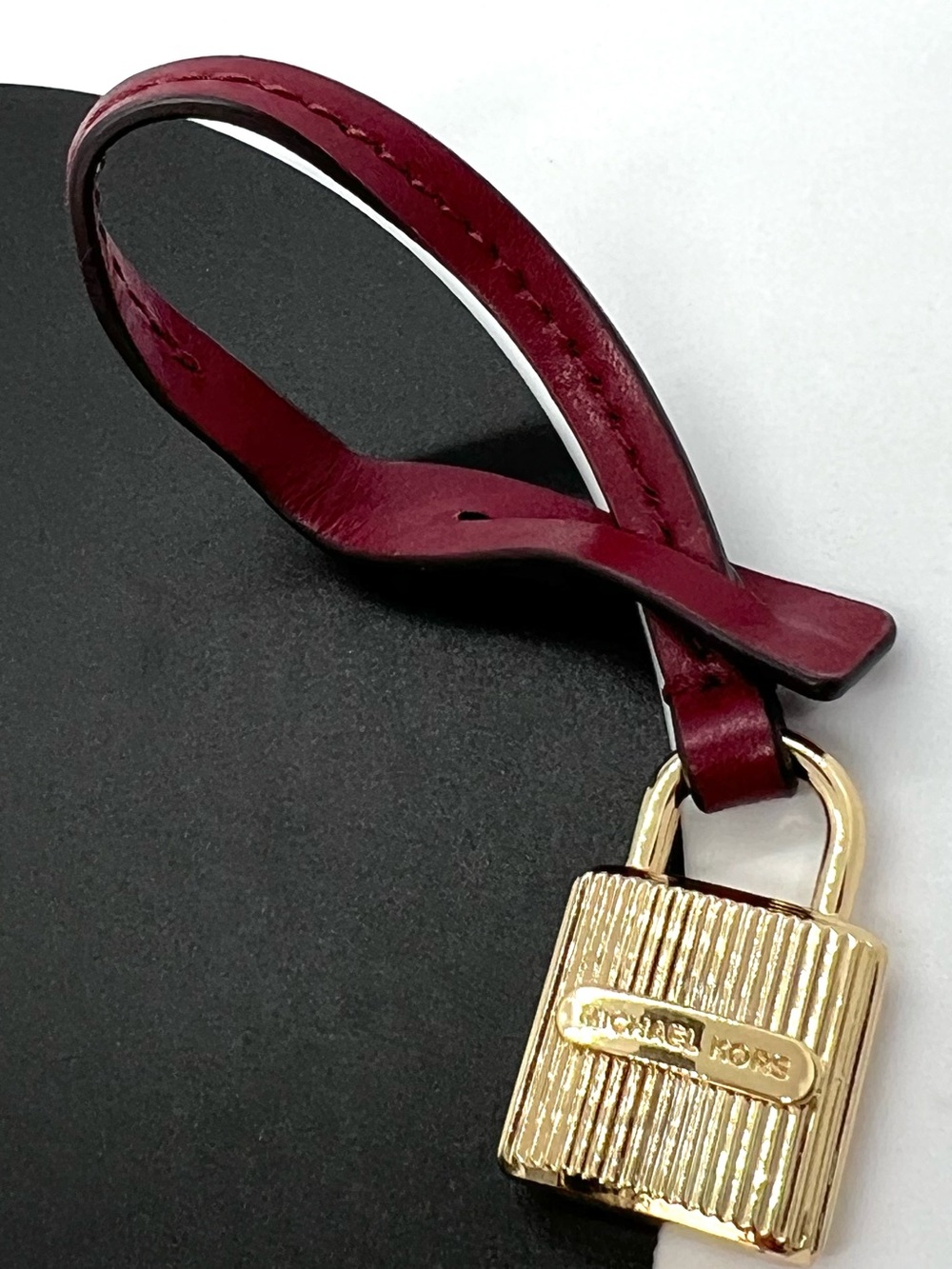 Michael Kors Gold Ribbed Padlock Bag Charm Burgundy Leather Key Ring Bag Charm